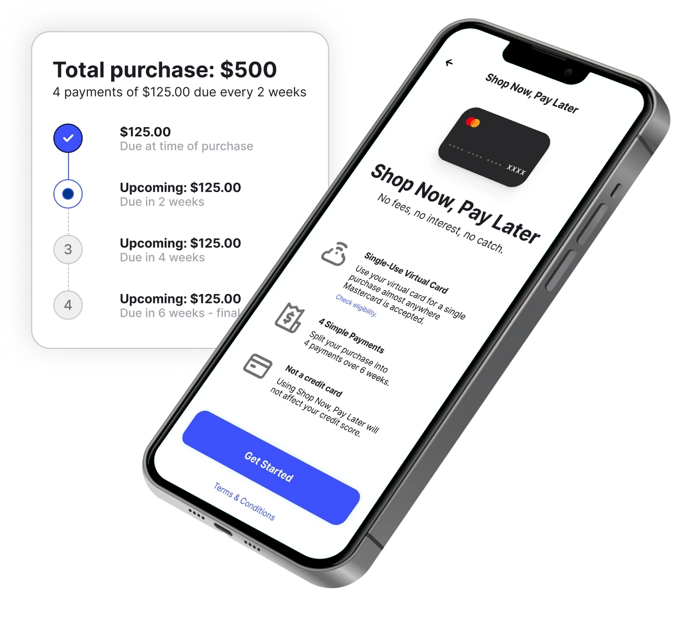 shop now pay later functionality on phone and total purchase